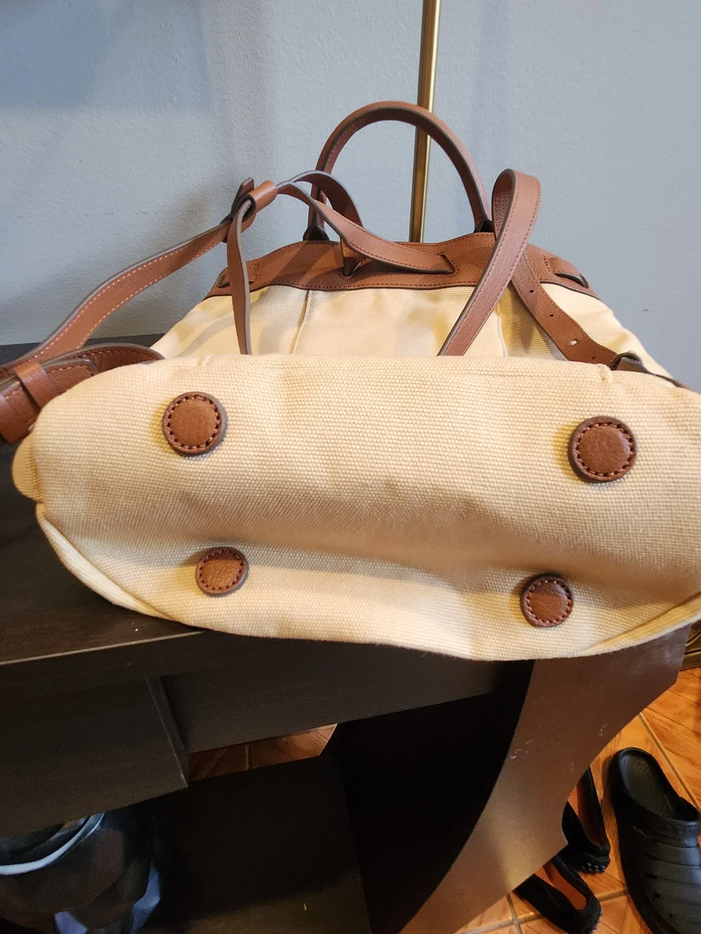 Cole Haan Canvas and Brown Leather Top-Handle Backpack